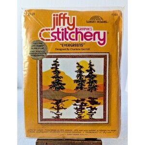 Vintage Jiffy Stitchery Crewel Embroidery Kit Evergreen Tree Forest 5”x5”